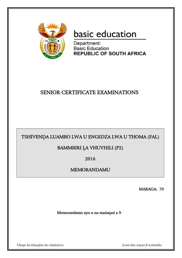 Grade 12 Tshivenda past paper 2016 – Tshivenda FAL P2 Memo gr12