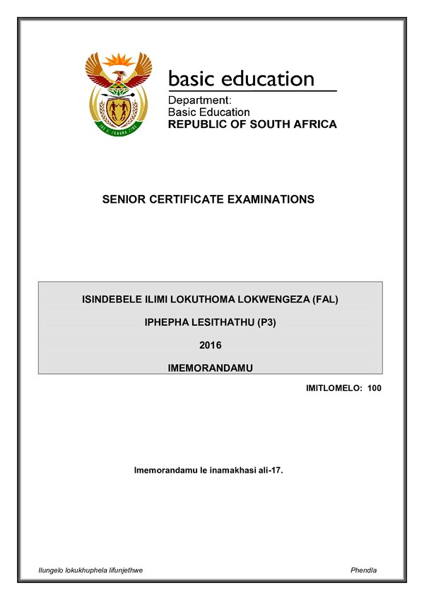 Grade 12 isiNdebele past paper 2016 – IsiNdebele FAL P3 Memo gr12