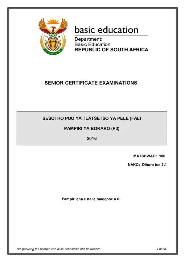 Grade 12 Sesotho past paper 2016 – Sesotho FAL P3 gr12