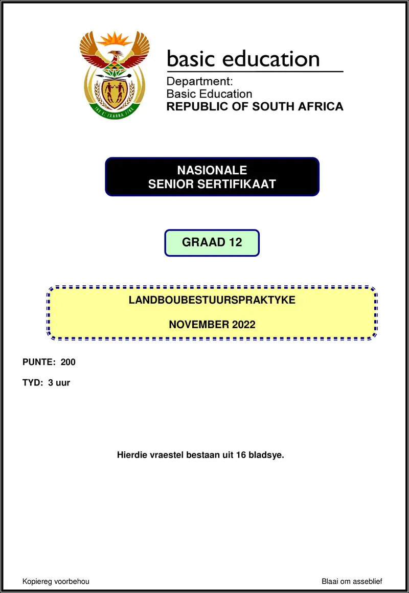 Grade 12 Landboubestuurspraktyke past paper 2022 – agricultural management practices nov 2022 afr gr12