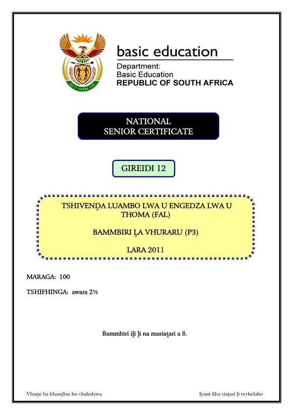 Grade 12 Tshivenda past paper 2011 – Tshivenda FAL P3