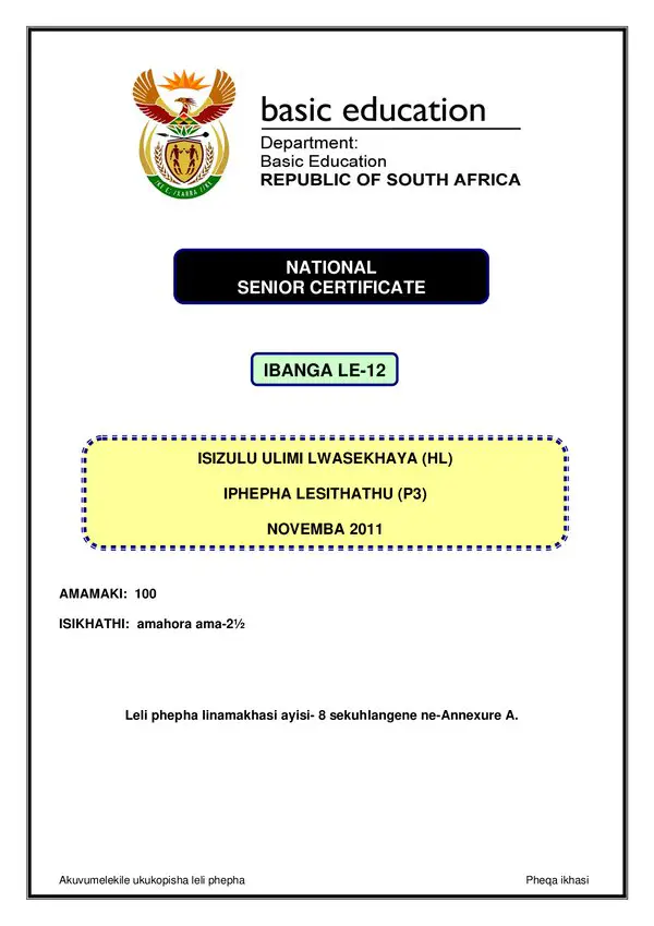 Grade 12 isiZulu past paper 2011 – IsiZulu HL P3