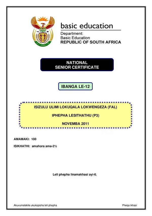 Grade 12 isiZulu past paper 2011 – IsiZulu FAL P3