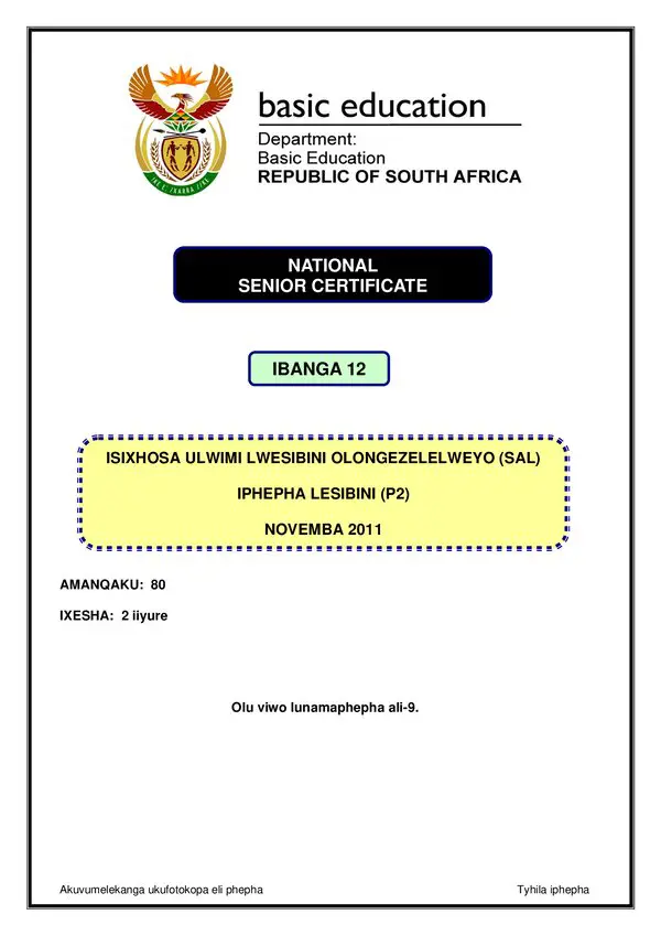 Grade 12 isiZulu past paper 2011 – IsiZulu SAL P2