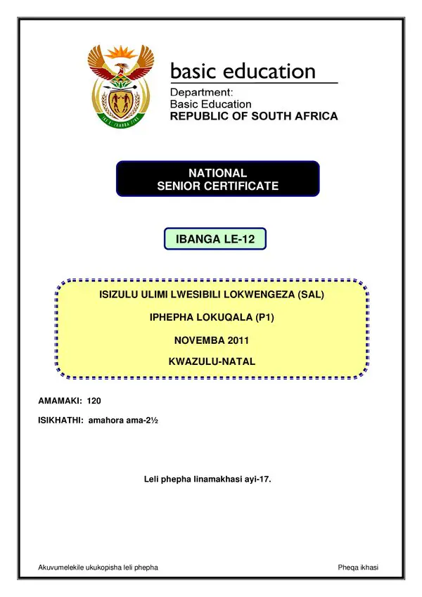 Grade 12 isiZulu past paper 2011 – IsiZulu SAL P1 (KwaZulu Natal)