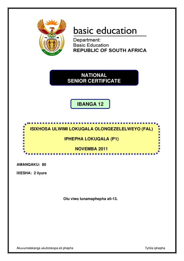 Grade 12 isiXhosa past paper 2000 – IsiXhosa FAL P1