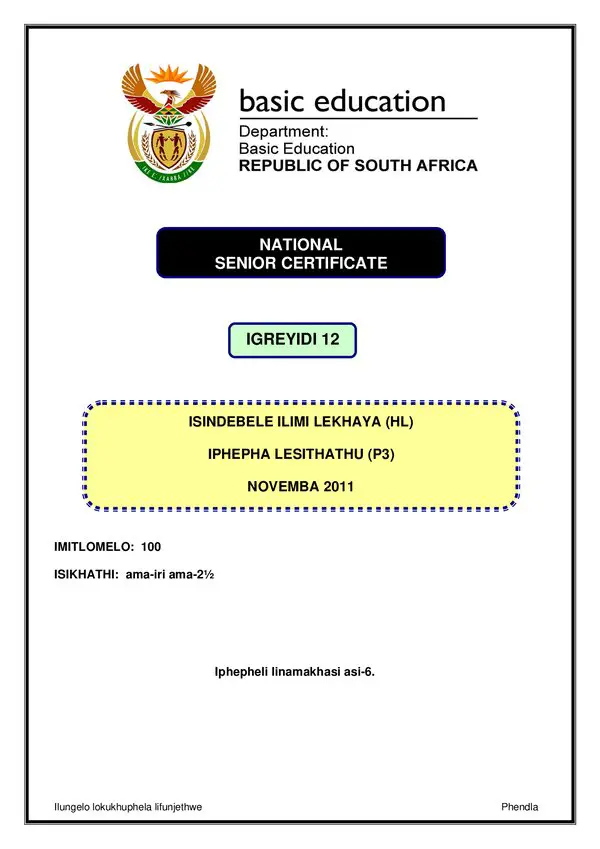 Grade 12 isiNdebele past paper 2011 – IsiNdebele HL P3