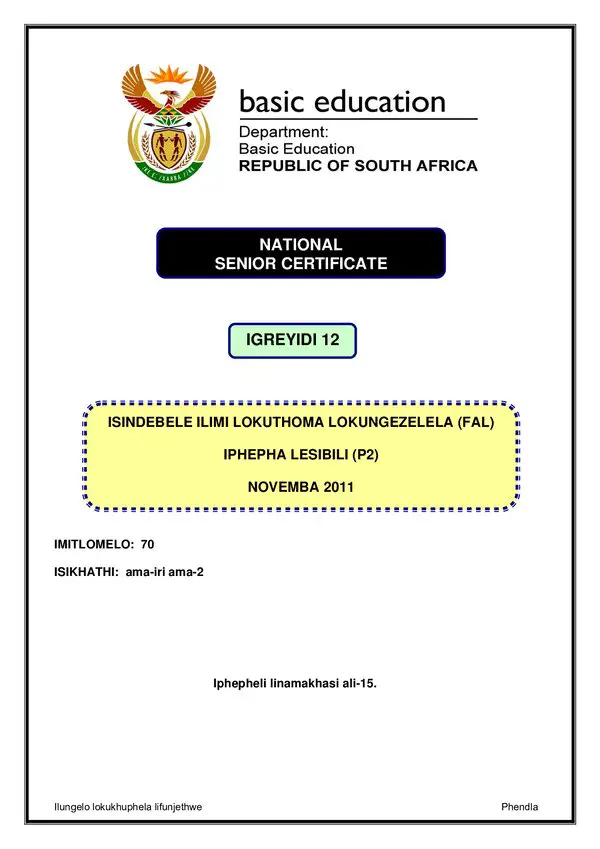 Grade 12 isiNdebele past paper 2011 – IsiNdebele FAL P2