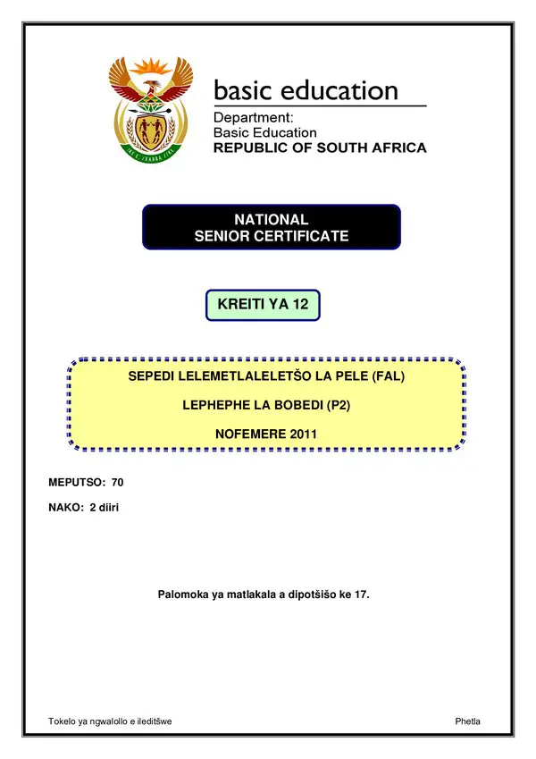 Grade 12 Sepedi past paper 2011 – Sepedi FAL P2