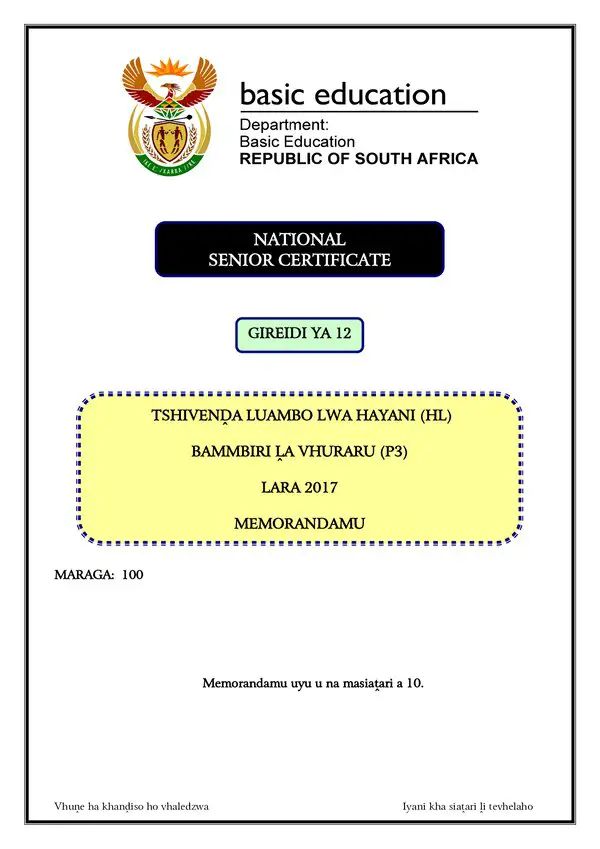 Grade 12 Tshivenda past paper 2017 – Tshivenda HL P3 memo