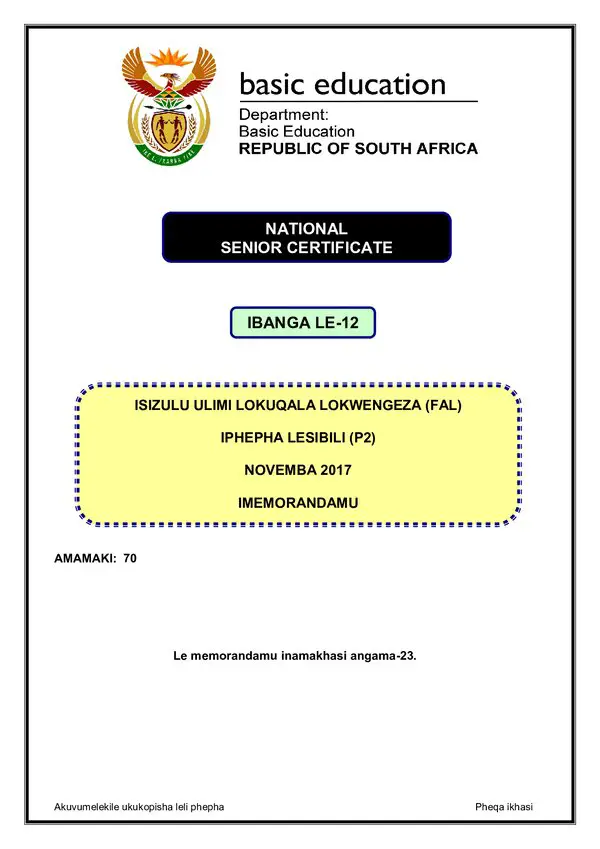 Grade 12 isiZulu past paper 2017 – IsiZulu FAL P2 memo