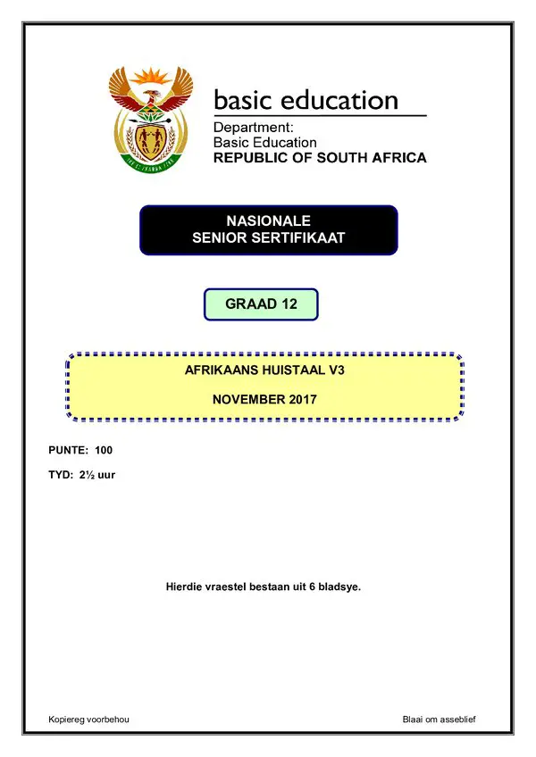 Grade 12 Afrikaans past paper 2017 – Afrikaans HL P3