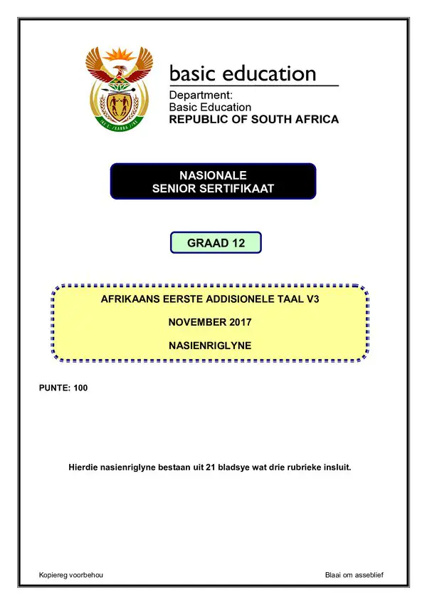 Grade 12 Afrikaans past paper 2017 – Afrikaans FAL P3 memo