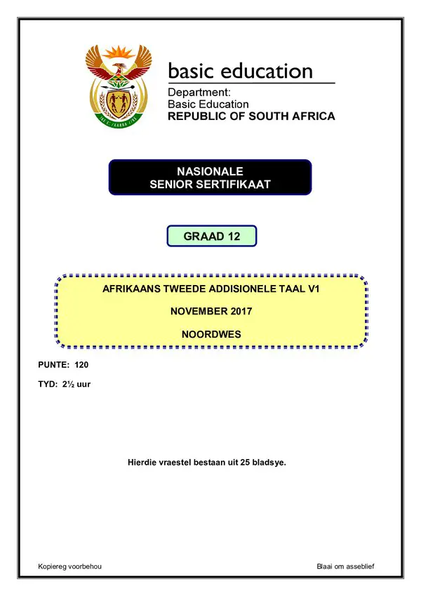 Grade 12 Afrikaans past paper 2017 – Afrikaans SAL P1 (North West)