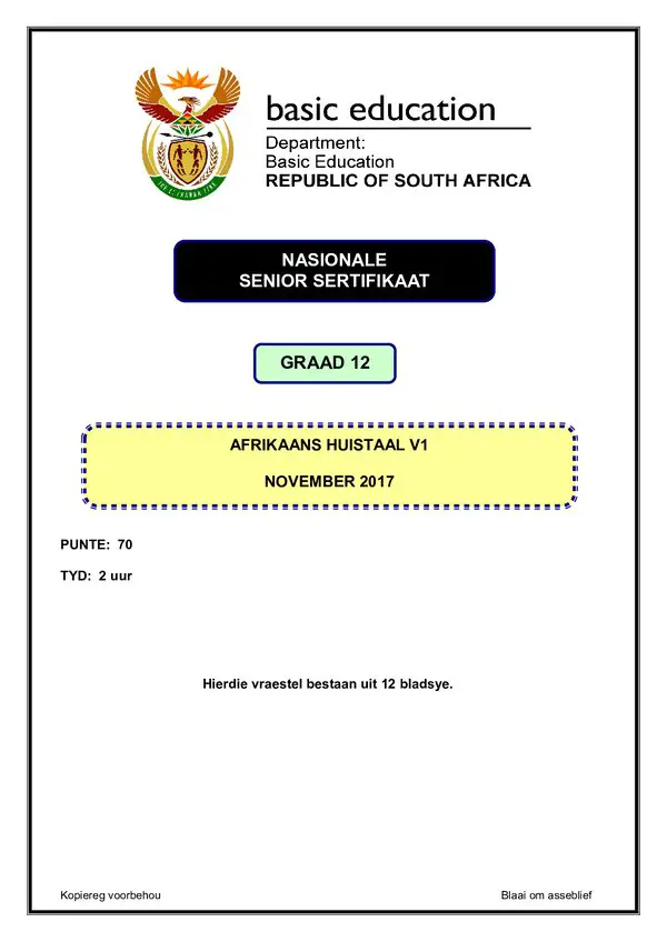 Grade 12 Afrikaans past paper 2017 – Afrikaans HL P1