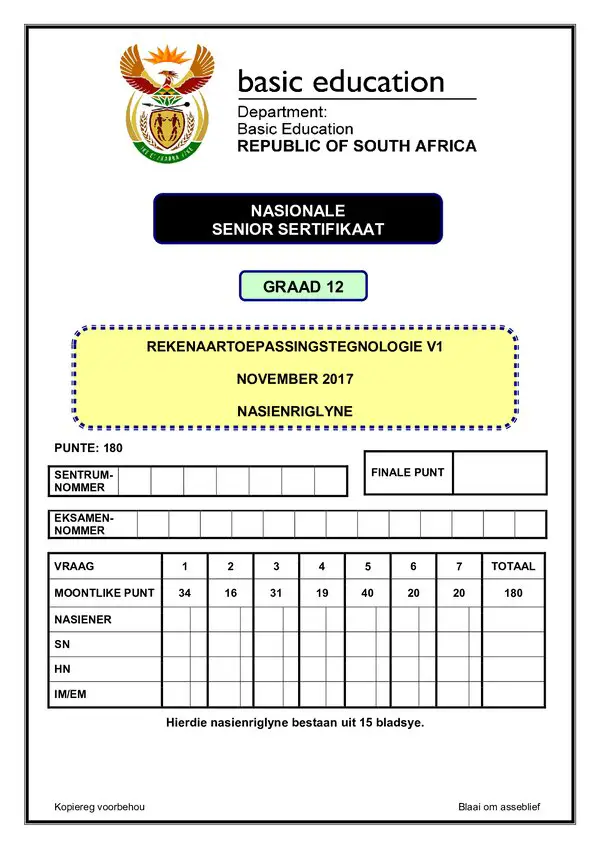 Grade 12 Afrikaans past paper 2005 – Computer Application Technology Memo 1 (Afrikaans)