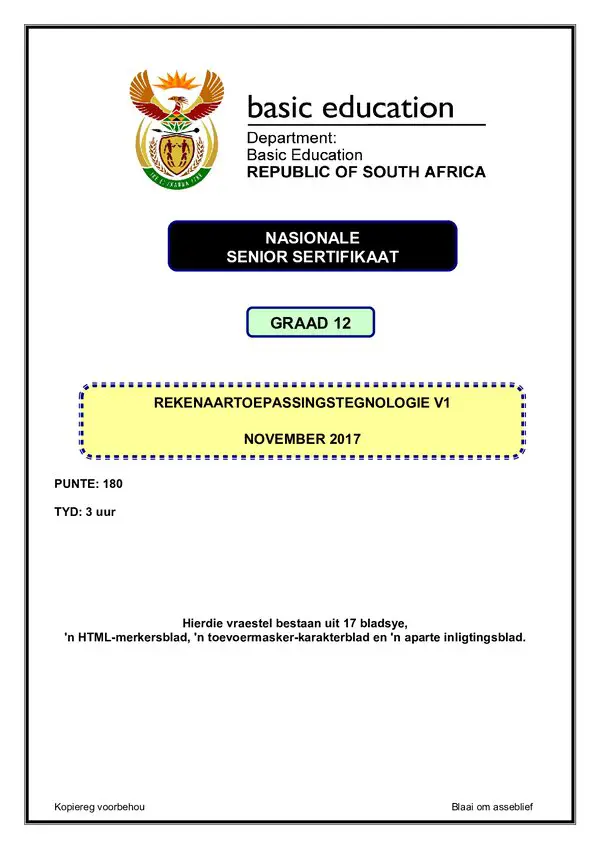 Grade 12 Afrikaans past paper 2017 – Computer Application Technology Paper 1 (Afrikaans)