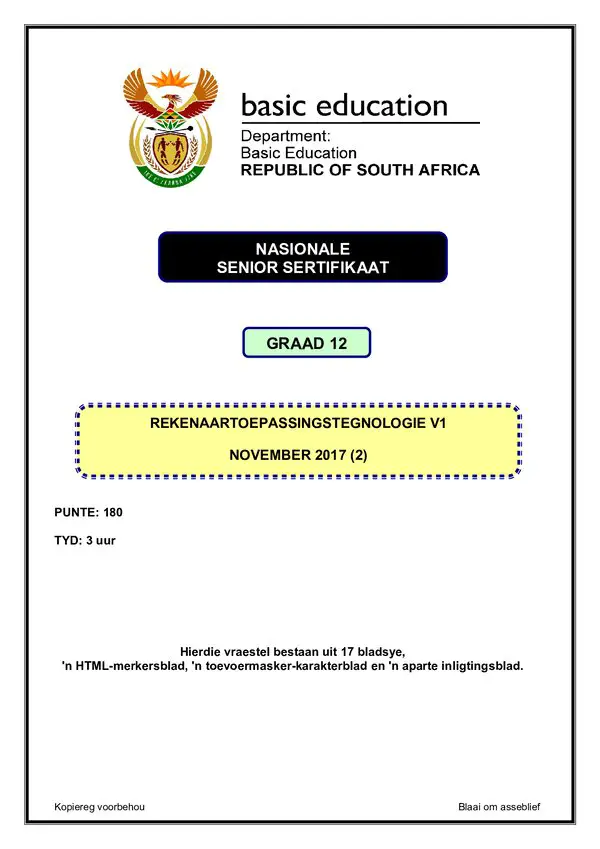 Grade 12 Afrikaans past paper 2017 – Computer Application Technology Paper 1 (Afrikaans) Rewrite