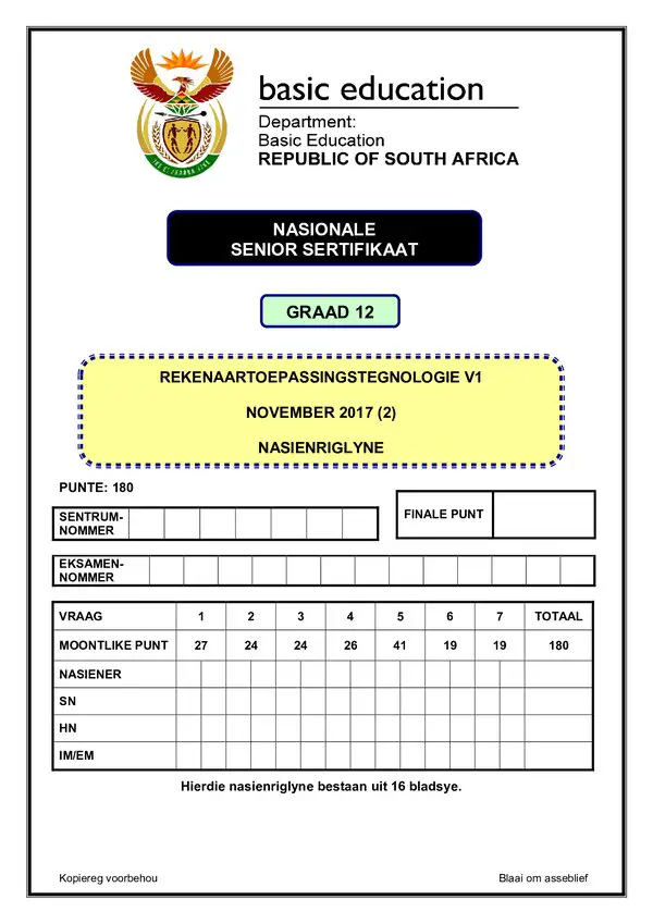 Grade 12 Afrikaans past paper 2000 – Computer Application Technology Memo 1 (Afrikaans) Rewrite