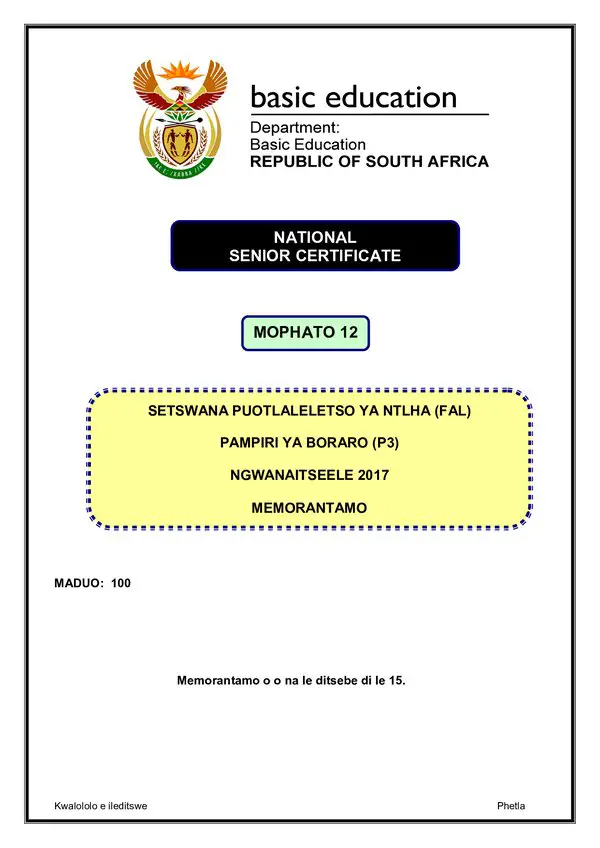 Grade 12 Setswana past paper 2017 – Setswana FAL P3 Memo