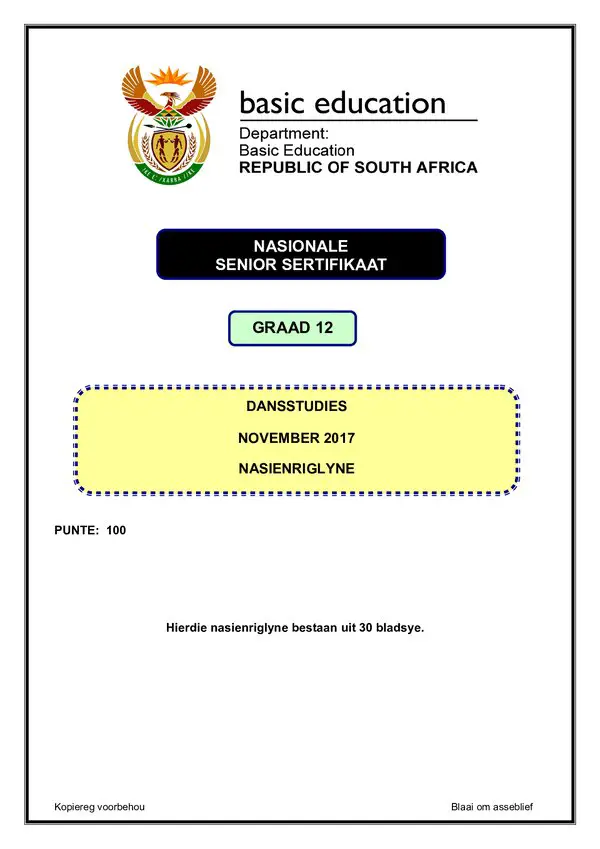 Grade 12 Afrikaans past paper 2017 – Dance studies Memo 1 (Afrikaans)