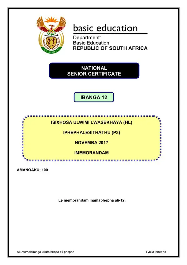 Grade 12 isiXhosa past paper 2017 – IsiXhosa HL P3 memo