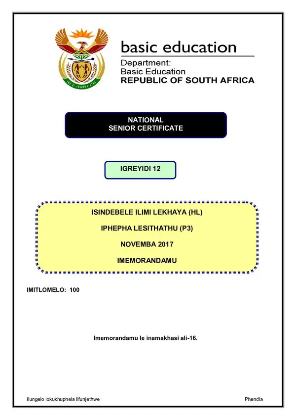 Grade 12 isiNdebele past paper 2017 – IsiNdebele HL P3 memo