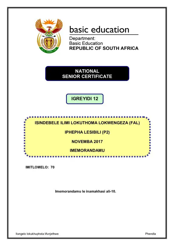 Grade 12 isiNdebele past paper 2017 – IsiNdebele FAL P2 memo