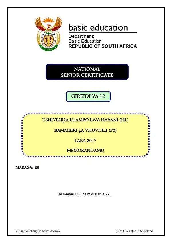 Grade 12 Tshivenda past paper 2017 – Tshivenda HL P2 Memo