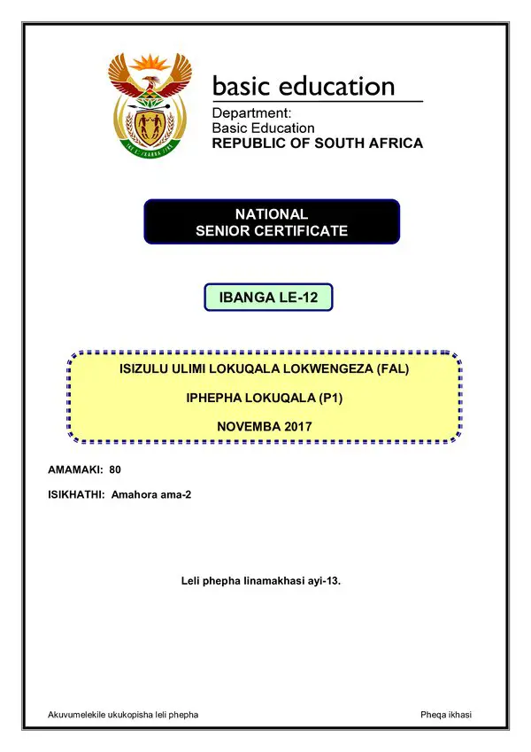 Grade 12 isiZulu past paper 2015 – IsiZulu FAL P1