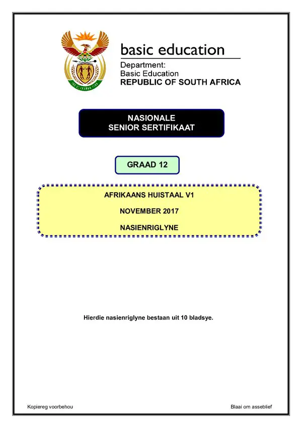 Grade 12 Afrikaans past paper 2017 – Afrikaans HL P1 memo