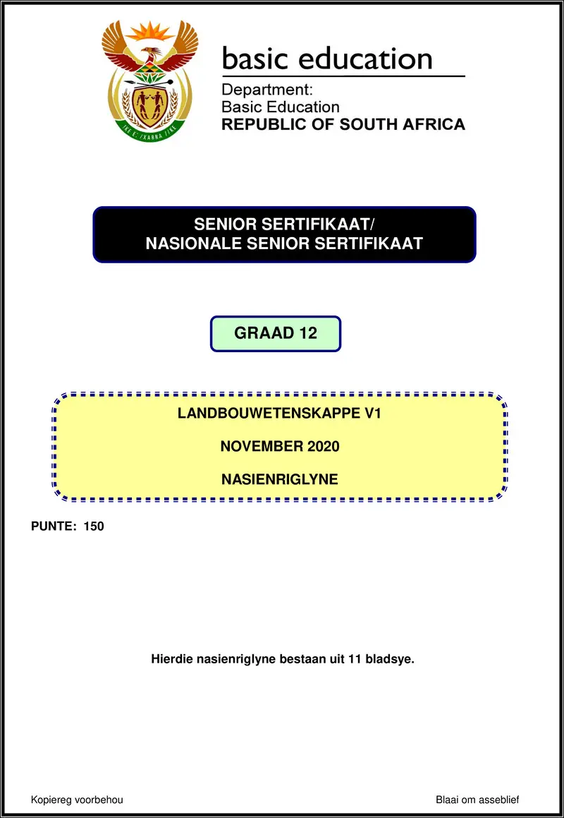 Grade 12 Agricultural Sciences past paper 2020 – agricultural sciences p1 nov 2020 memo afr gr12