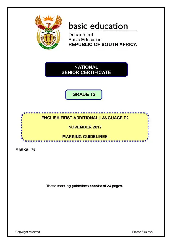 Grade 12 English past paper 2017 – English FAL P2 memo