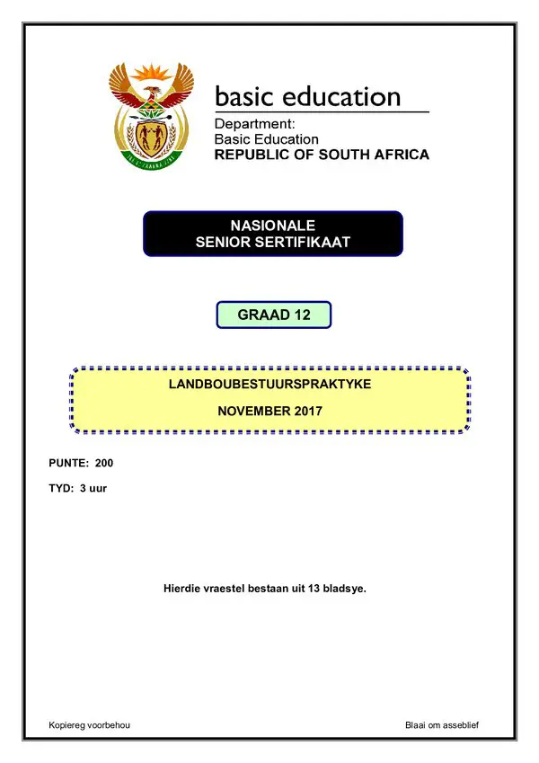 Grade 12 Afrikaans past paper 1993 – Agricultural Management Practices Paper 1 (Afrikaans)