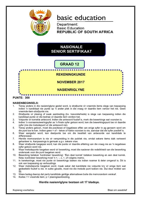Grade 12 Afrikaans past paper 2017 – Agricultural Management Practices Memo 1 (Afrikaans)