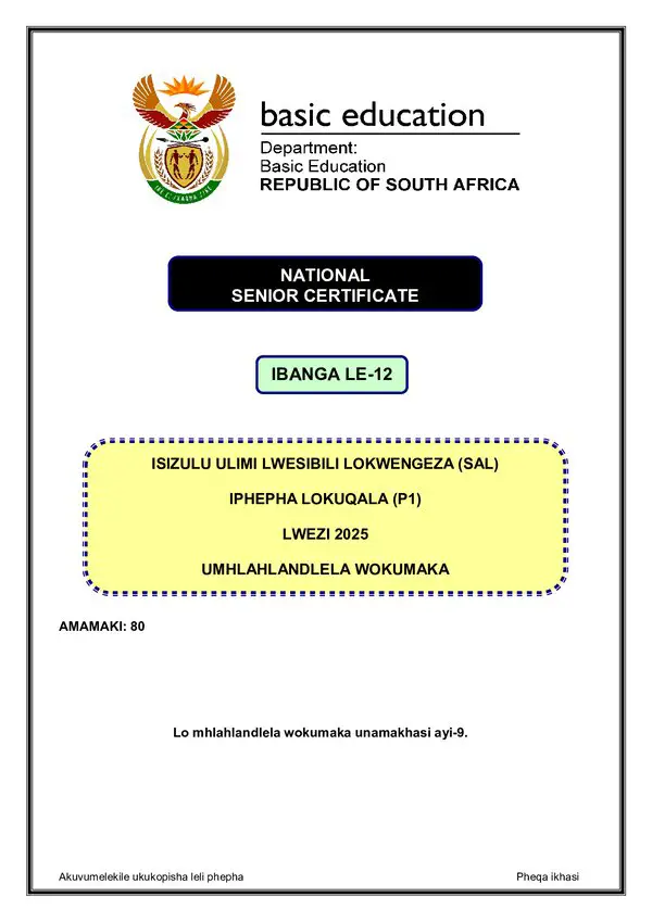 Grade 12 isiZulu past paper 2025 – IsiZulu SAL P1 memo