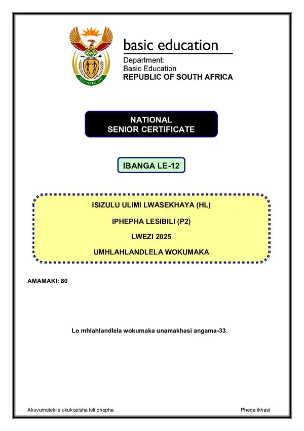 Grade 12 isiZulu past paper 2025 – IsiZulu HL P2 Memo