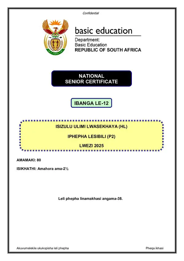 Grade 12 isiZulu past paper 2025 – IsiZulu HL P2
