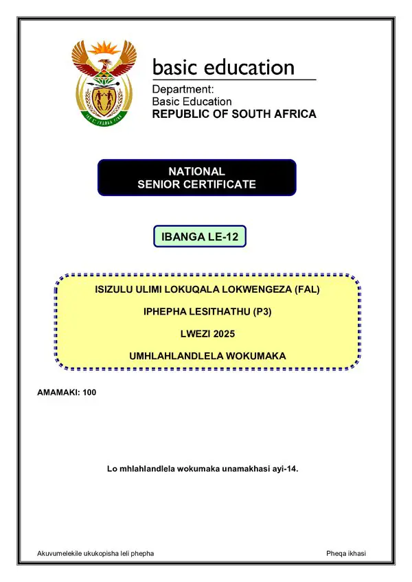 Grade 12 isiZulu past paper 2025 – IsiZulu FAL P3 Memo