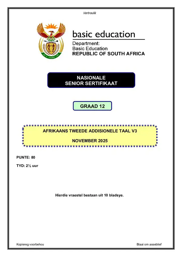 Grade 12 Afrikaans past paper 2025 – Afrikaans SAL P3