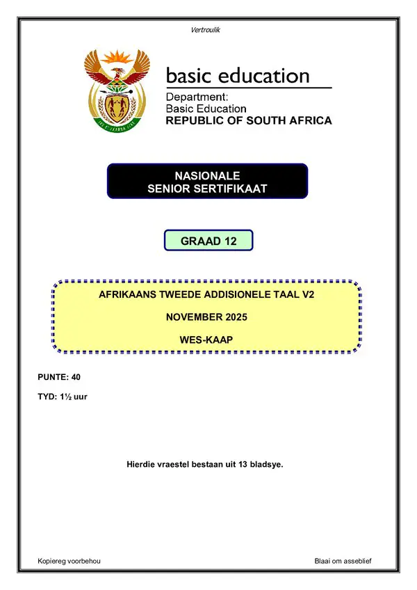 Grade 12 Afrikaans past paper 2025 – Afrikaans SAL P2 (Western Cape)
