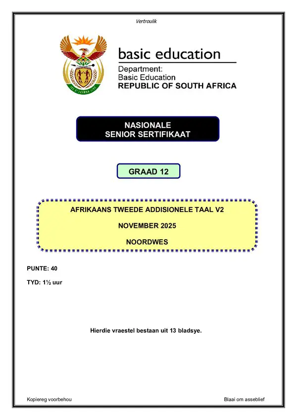 Grade 12 Afrikaans past paper 2025 – Afrikaans SAL P2 (North West)