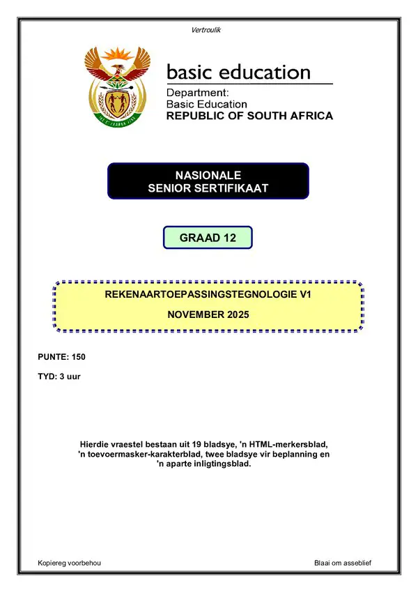 Grade 12 Afrikaans past paper 2025 – Computer Application Technology Paper 1 (Afrikaans)