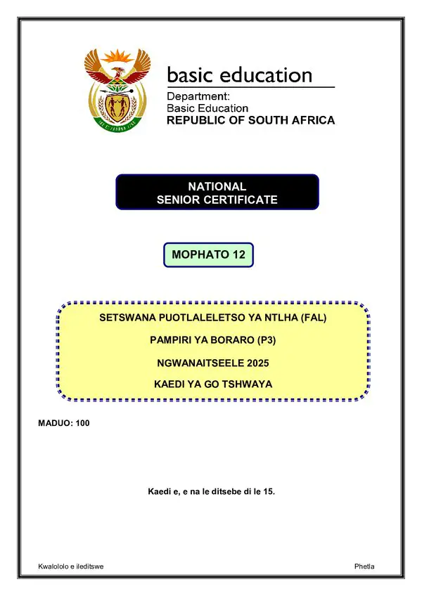Grade 12 Setswana past paper 2025 – Setswana FAL P3 Memo