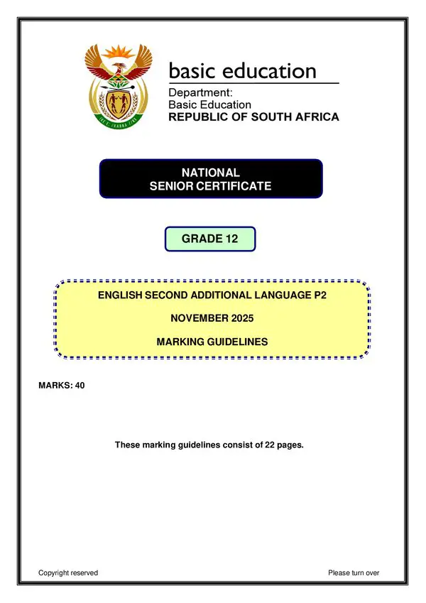 Grade 12 English past paper 2025 – English SAL P2 memo