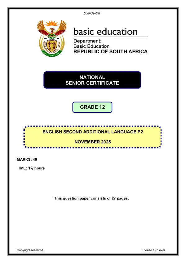 Grade 12 English past paper 2025 – English SAL P2