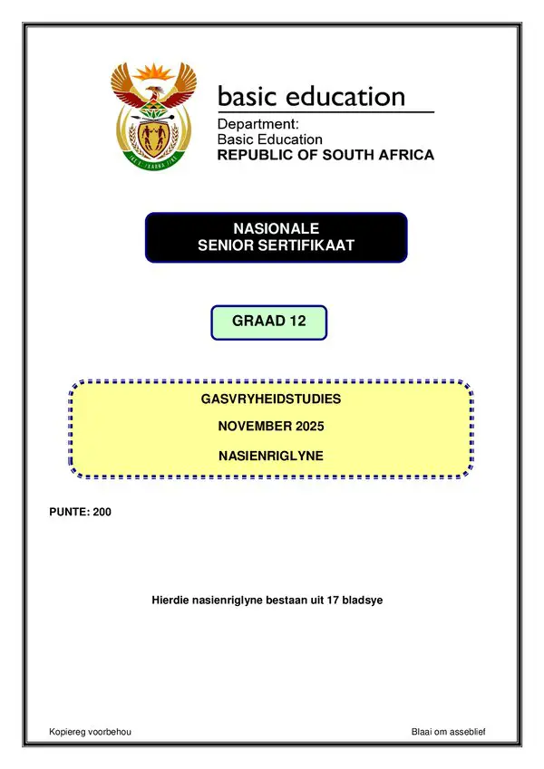 Grade 12 Afrikaans past paper 2025 – Hospitality Studies Memo 1 (Afrikaans)