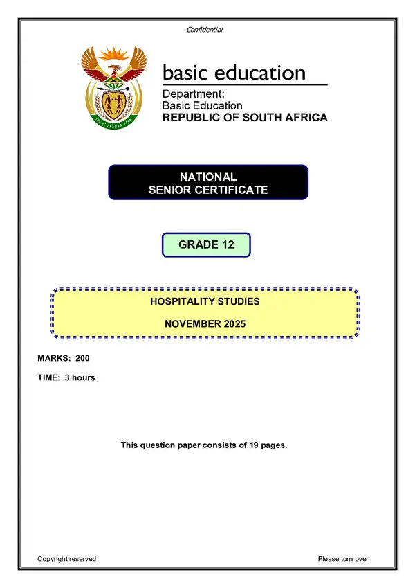 Grade 12 English past paper 2025 – Hospitality Studies Paper 1 (English)