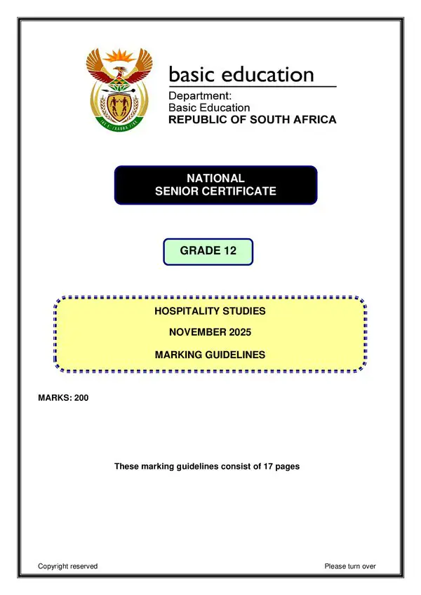 Grade 12 English past paper 2025 – Hospitality Studies Memo 1 (English)
