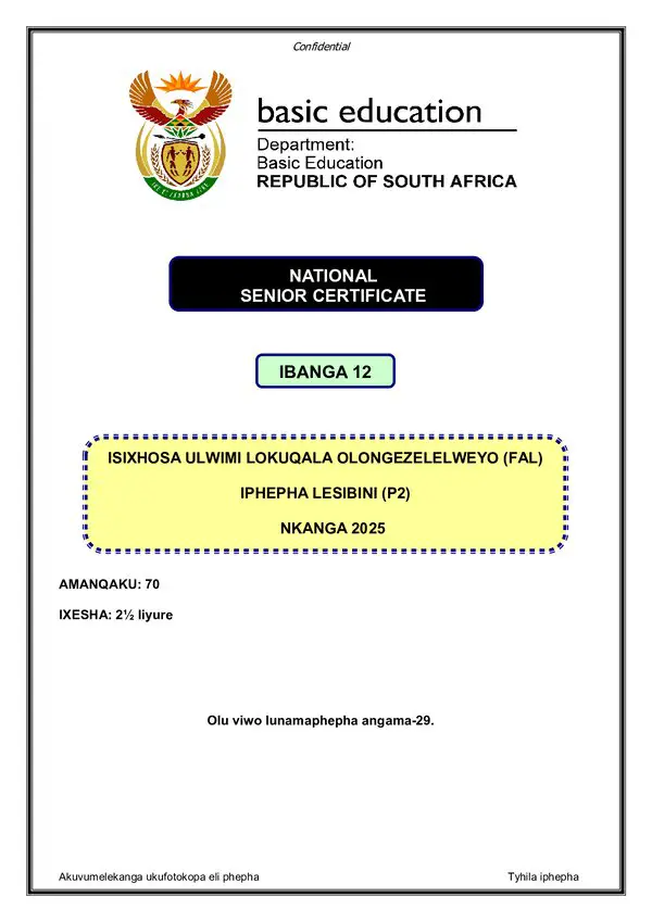 Grade 12 isiXhosa past paper 2025 – IsiXhosa FAL P2